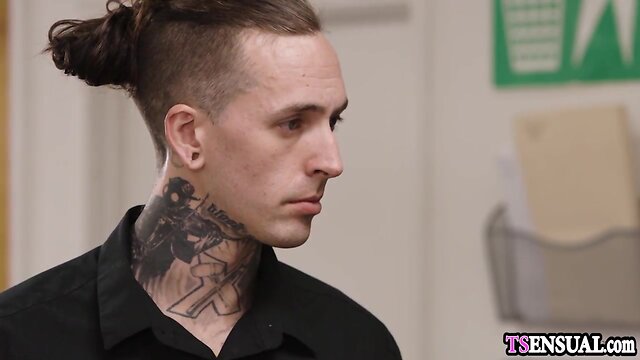 Chesty teacher she-male anal banged by a young coworker