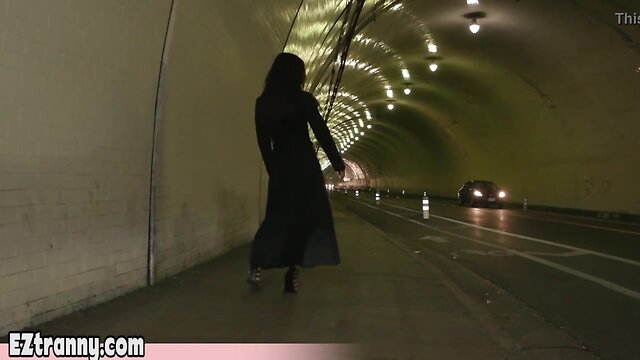 Skinny brunette tgirl gets double dicked by two guys