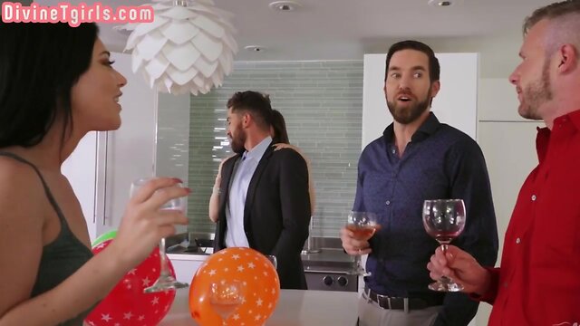 Trans babe secretly tugged at party before raw riding