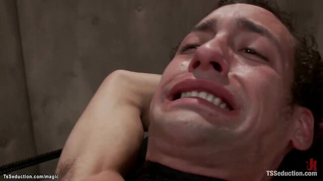 Shemale blond domme anal fucks tied man