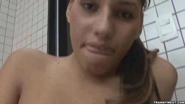 Tv has large breast and a large dick that she pulls on