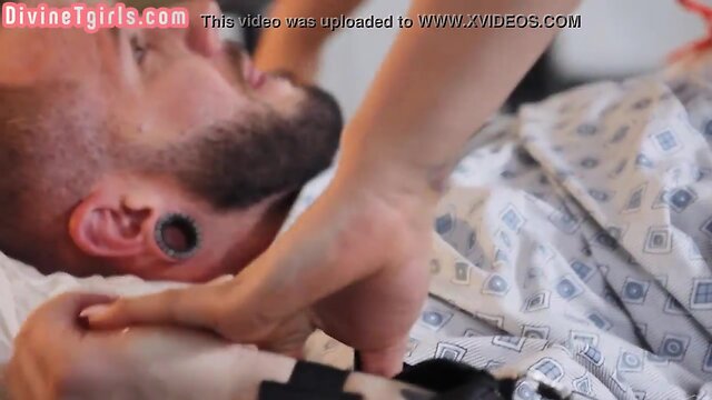 Uniformed trans nurse riding condomless penis in couple