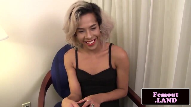 Adorable trap playing with her hard dick