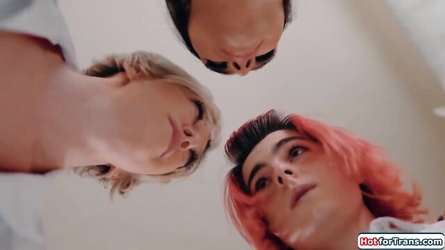 Transsexual nurses seduce chesty t-girl doctor