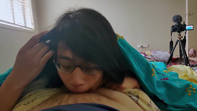 Asiatic transgirl warms up gf with bj under sheets, facefucks gf, gets dildoed