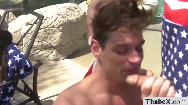 Chesty transsexual babes delight raw anal debauch at a pool party