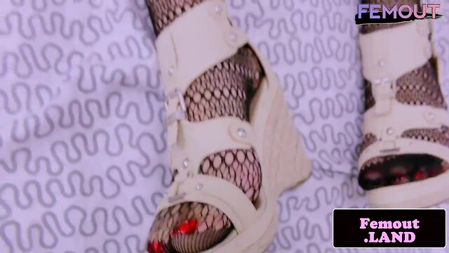 Curvy fishnet femboy flaunts her junk