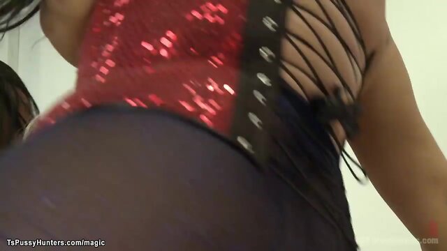 Big tits blond taking two ladyboys