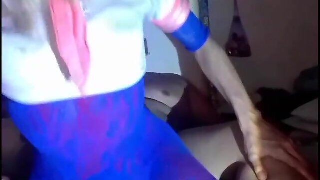 Cowgirl backwards riding on fat army boy , he cant keep himself of praising and