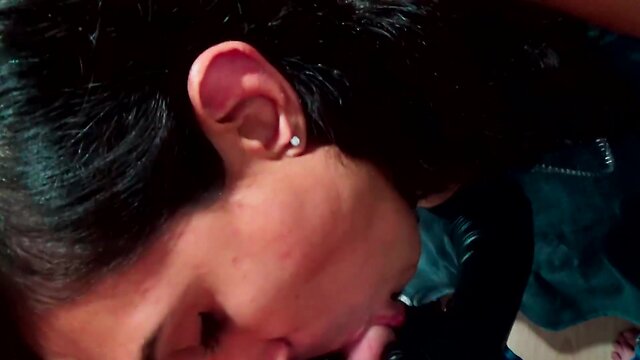 Petite trans beauty shows off body and sucks dick on a leash