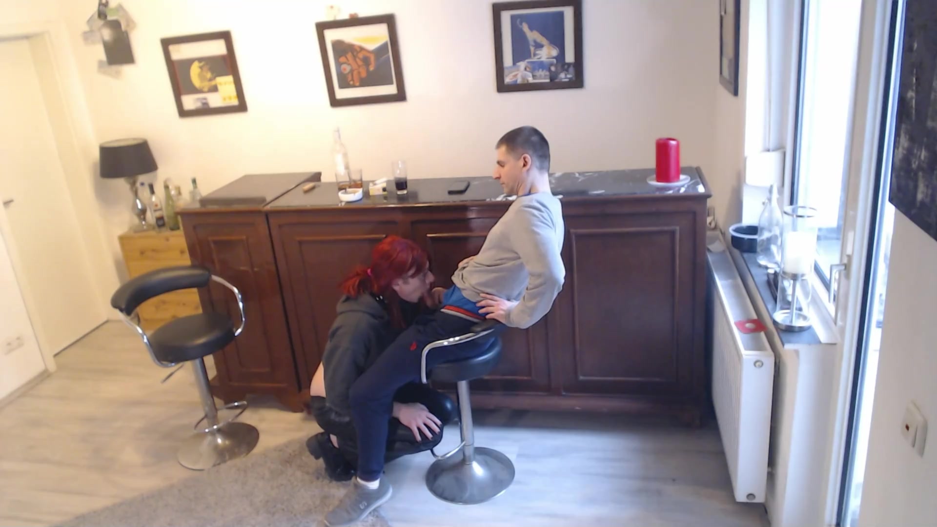 Cocksucking at the bar turns into a fine fuck with cum on face and swallow.