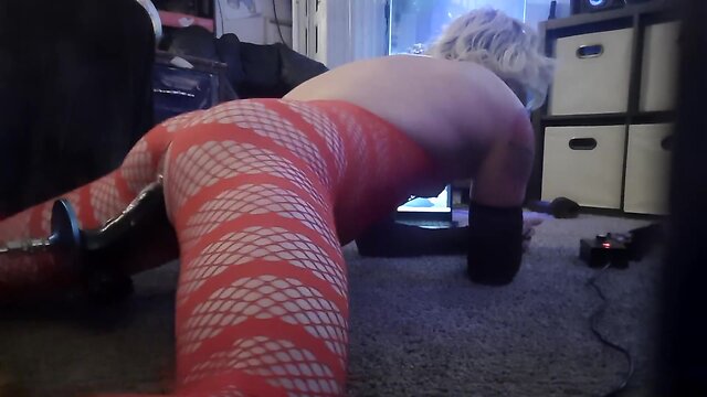 Sissy in red bodysuit gets pounded by bbc sextoy with fuck machine!