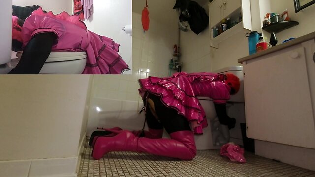 Self bondage 2 litre enema hand cuffed to toilet in chastity and gagged