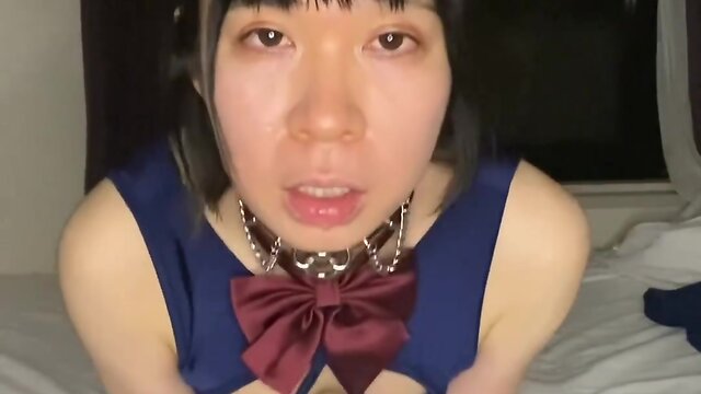 Japanese cosplayer dickgirl solo ejaculation and anal play swim suit