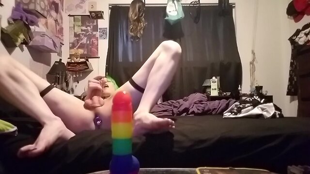 Trans baby gives sextoy footjob