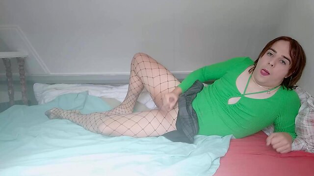 Amateur Redhead Femboy`s Intense Orgasm: Fishnet Lingerie, Horny Licking & Cum Eating!