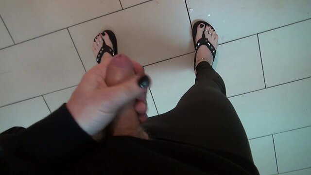 Sissy with insane feet in sexy flip-flops strokes off and explodes