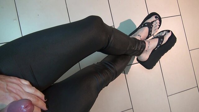 Sissy with insane feet in sexy flip-flops strokes off and explodes