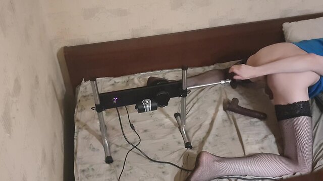 Anal solo fucking machine with a crossdresser sissy