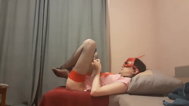 Crossdressing russian with sex toy