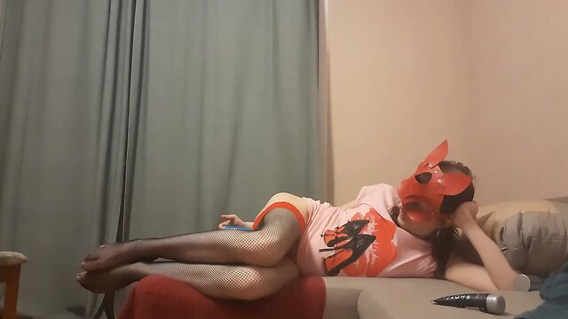 Crossdressing russian with sex toy