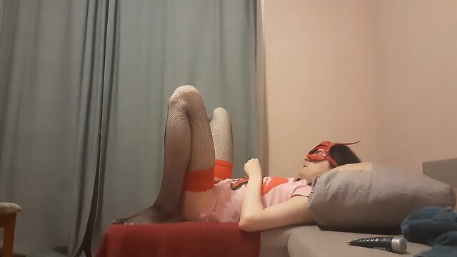 Crossdressing russian with sex toy