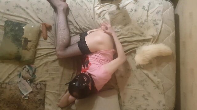 Solo anal gaping with sextoy tail toy