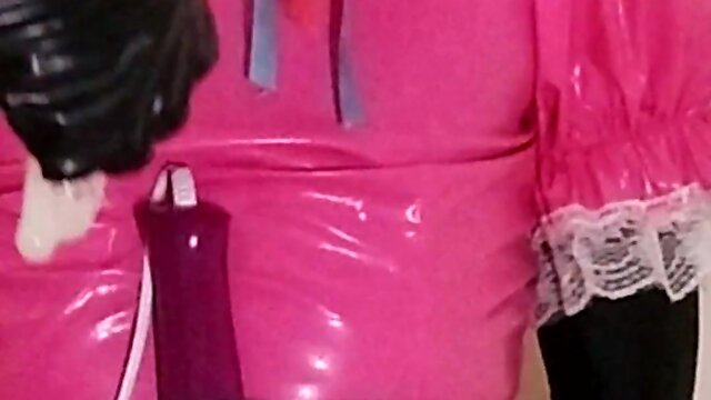 Chastity crossdresser maid strapped to fucking machine chair fed own cum