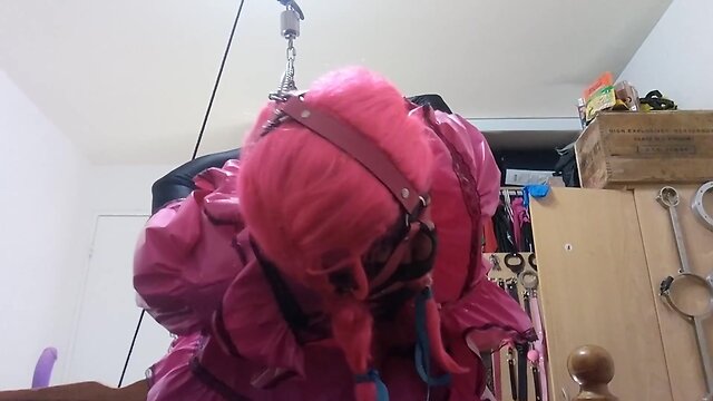 Redone crossdresser maid strappado with larger sextoy, weights, and more straps