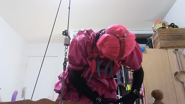 Redone crossdresser maid strappado with larger sextoy, weights, and more straps