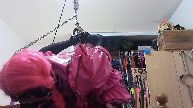 Redone crossdresser maid strappado with larger sextoy, weights, and more straps