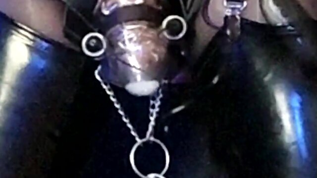 Self-bondage gas mask suspension harness chastity cumming