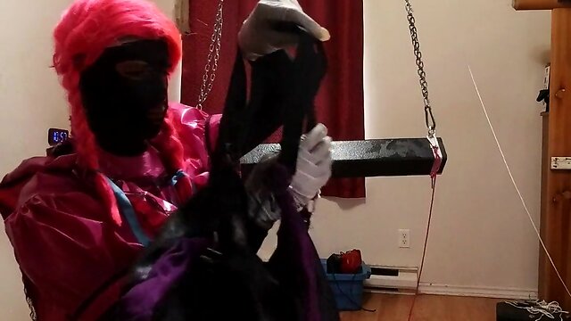 Cd maid stuck on large sextoy on wooden pony