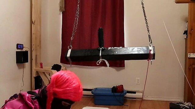 Cd maid stuck on large sextoy on wooden pony