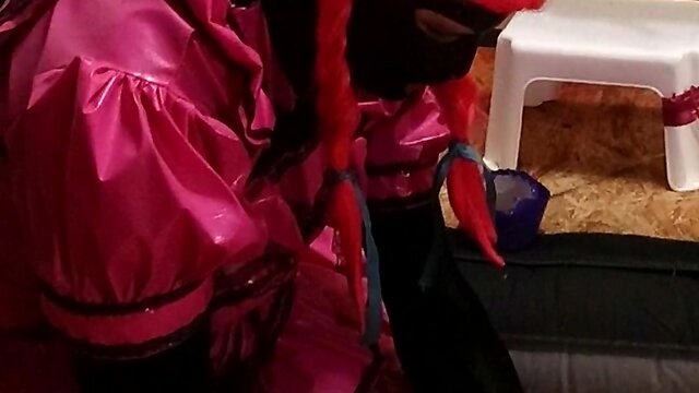 Cd maid stuck on large sextoy on wooden pony