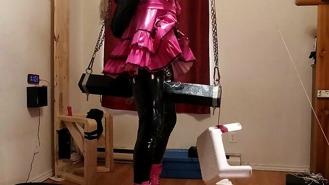 Cd maid stuck on large sextoy on wooden pony
