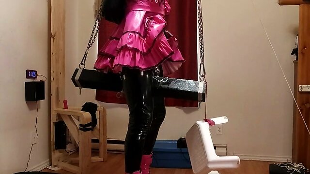 Cd maid stuck on large sextoy on wooden pony