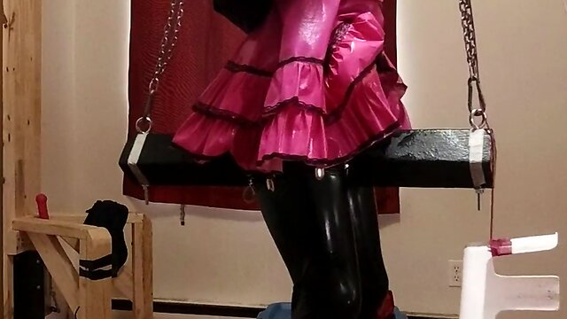 Cd maid stuck on large sextoy on wooden pony