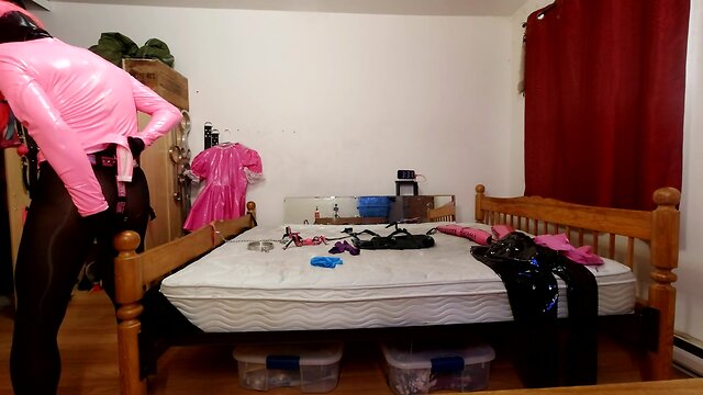 Self-bondage with pvc, steel chastity belt, and huge sextoy lock