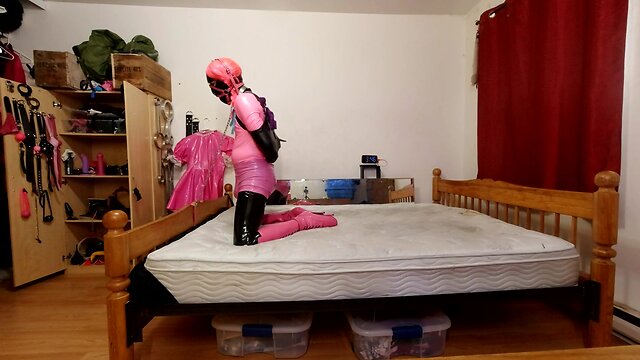 Self-bondage with pvc, steel chastity belt, and huge sextoy lock