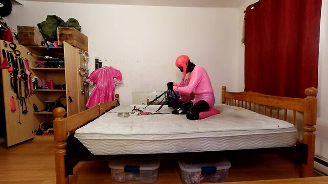 Self-bondage with pvc, steel chastity belt, and huge sextoy lock