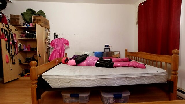 Self-bondage with pvc, steel chastity belt, and huge sextoy lock