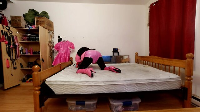 Self-bondage with pvc, steel chastity belt, and huge sextoy lock