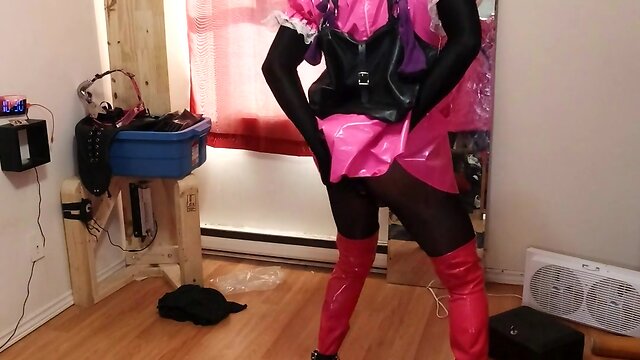 Self-bondage CD maid with a spiked chastity cage