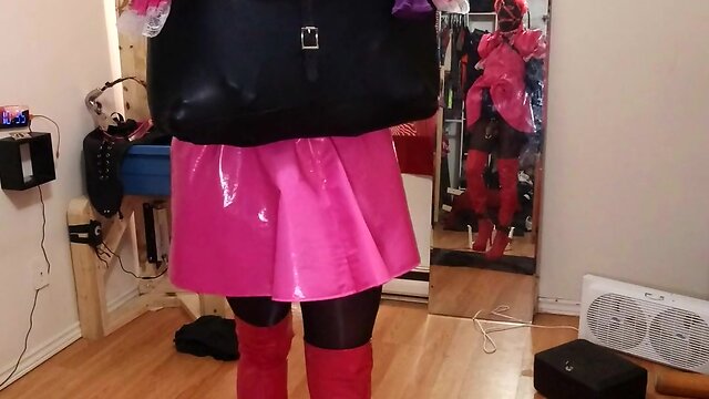 Self-bondage CD maid with a spiked chastity cage