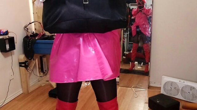 Self-bondage CD maid with a spiked chastity cage