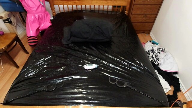 Cd maid restrained and secured with steel chastity belt and enormous sextoy