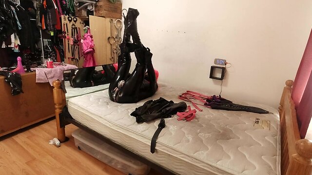 Self bondage using catsuit bodysuit, armbinder, and hogtie