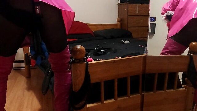 Self bondage with a collared crossdresser maid and an armbinder