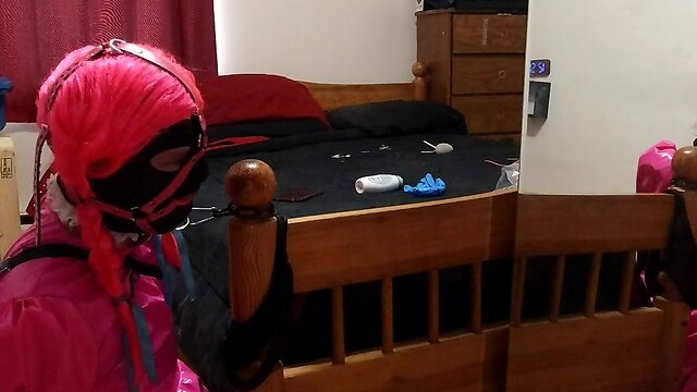 Self bondage with a collared crossdresser maid and an armbinder